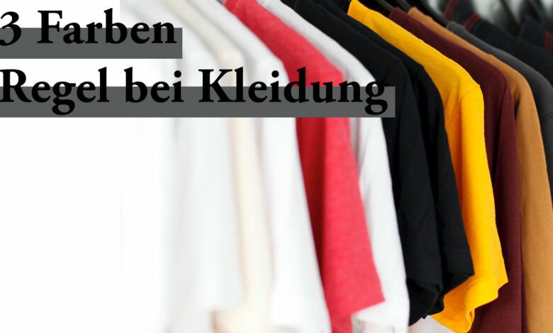 Die 3 Farben Regel bei Kleidung hilft Dir schneller und einfacher eine Auswahl zu treffen. Insbesondere analoge und neutrale Farbe geben Dir ein dezentes und stilvolles Outfit, wie die drei T-Shirts auf dem Bild mit Orange, Gelb und Rot.
