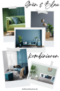 Collage zum Thema "Grün und Blau kombinieren". Sie zeigt verschiedene Ansätze, wie man die Farben in den Räumen einbringen kann. Dabei sind verschiedene Schattierungen als auch Farbintensitäten möglich. Prominentes Beispiel ist das Wohnzimmer und das Schlafzimmer.