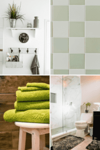 Welche Farbe passt zu Olivgrün im Badezimmer? Hier sieht man eine kleine Auswahl an möglichen Gestaltungsmöglichkeiten. Pflanzen, Fliesenaufkleber oder Handtücher bringen den nötigen Hauch Farbe in die sonst so sterile Badezimmergestaltung.