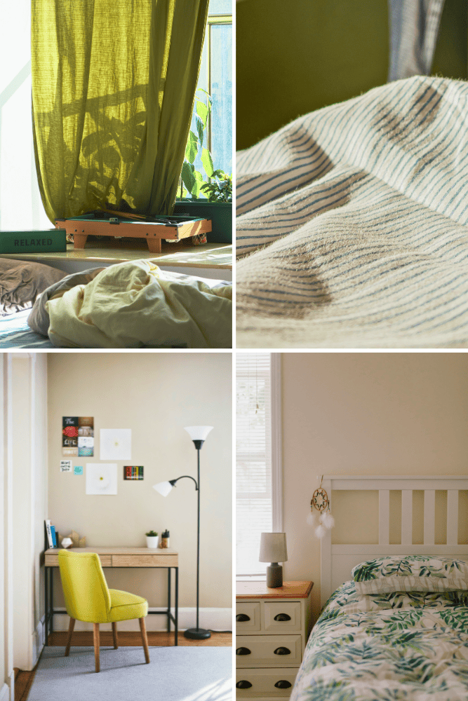 Welche Farbe passt zu Olivgrün? 7 Welche Farbe passt zu Olivgrün im Schlafzimmer? Hier sieht man eine kleine Auswahl an möglichen Gestaltungsmöglichkeiten. Vorhänge, Bettwäsche oder eine Schreibtisch-Ecke mit einem olivfarbenem Stuhl können bereits eine große Wirkung bezeugen.