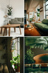 Welche Farbe passt zu Olivgrün im Wohnzimmer? Hier sieht man eine kleine Auswahl an möglichen Gestaltungsmöglichkeiten. Von einem gemütlichen Sofa bis hin zu einer minimalistischen Einrichtung, die lediglich durch Pflanzen auf Farbtupfer setzt ist jede Idee möglich.