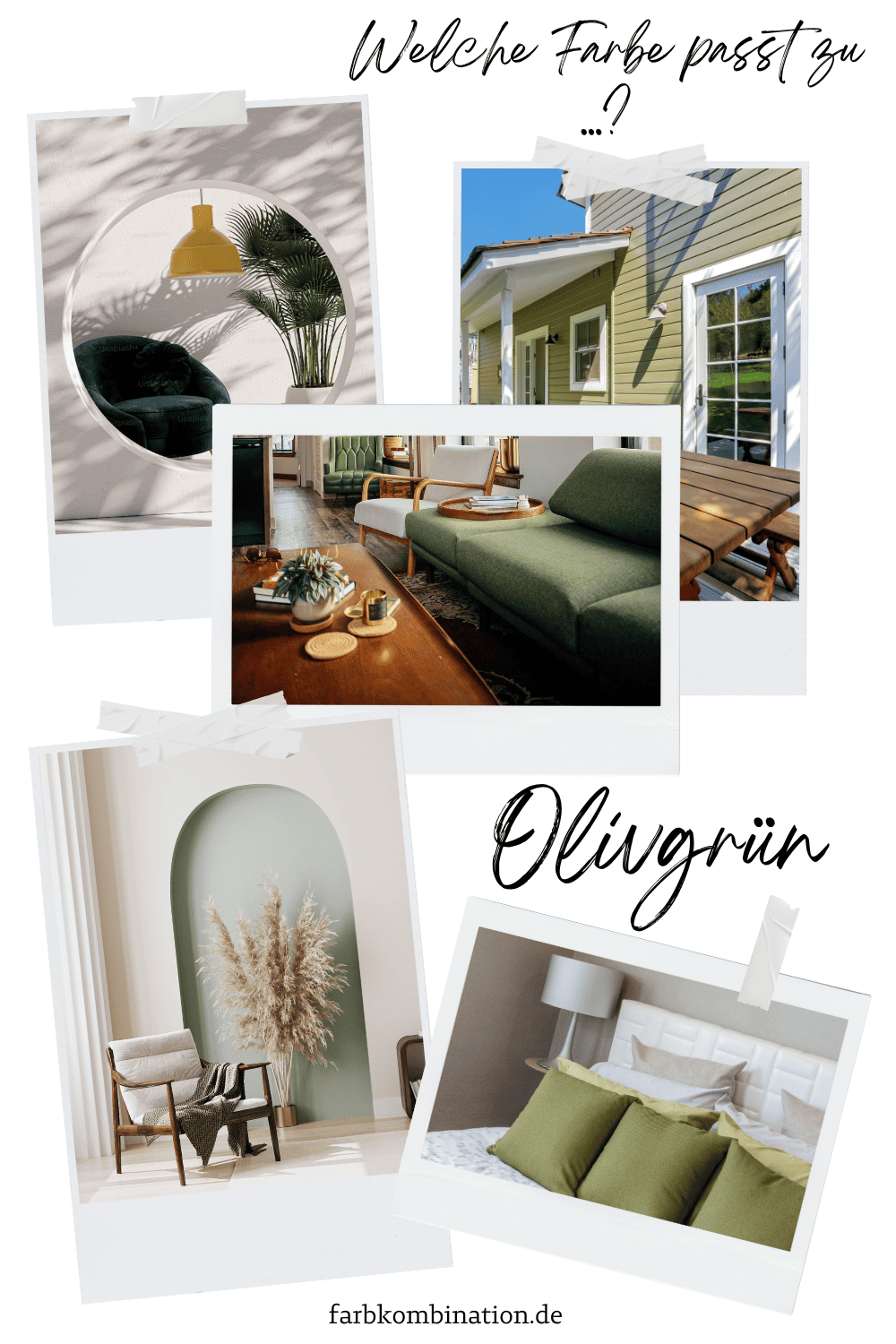 Welche Farbe passt zu Olivgrün? 3 Collage zum Thema "Welche Farbe passt zu Olivgrün". Sie zeigt verschiedene Ansätze, wie man die Farbe in den Räumen einbringen kann. Die Kollage zeigt verschiedene Möbelstücke, Dekoration als auch den Einsatz von Olivgrün als Wandfarbe.