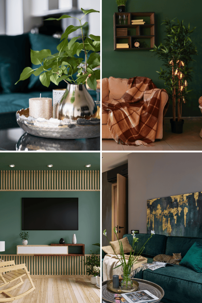 Welche Farbe passt zu Tannengrün? 9 Welche Farbe passt zu Tannengrün im Wohnzimmer? Hier sieht man eine kleine Auswahl an möglichen Gestaltungsmöglichkeiten. Von der minimalistischen TV-Konsole hin zum rustikalen Ledersofa mit offenen Glühbirnen.