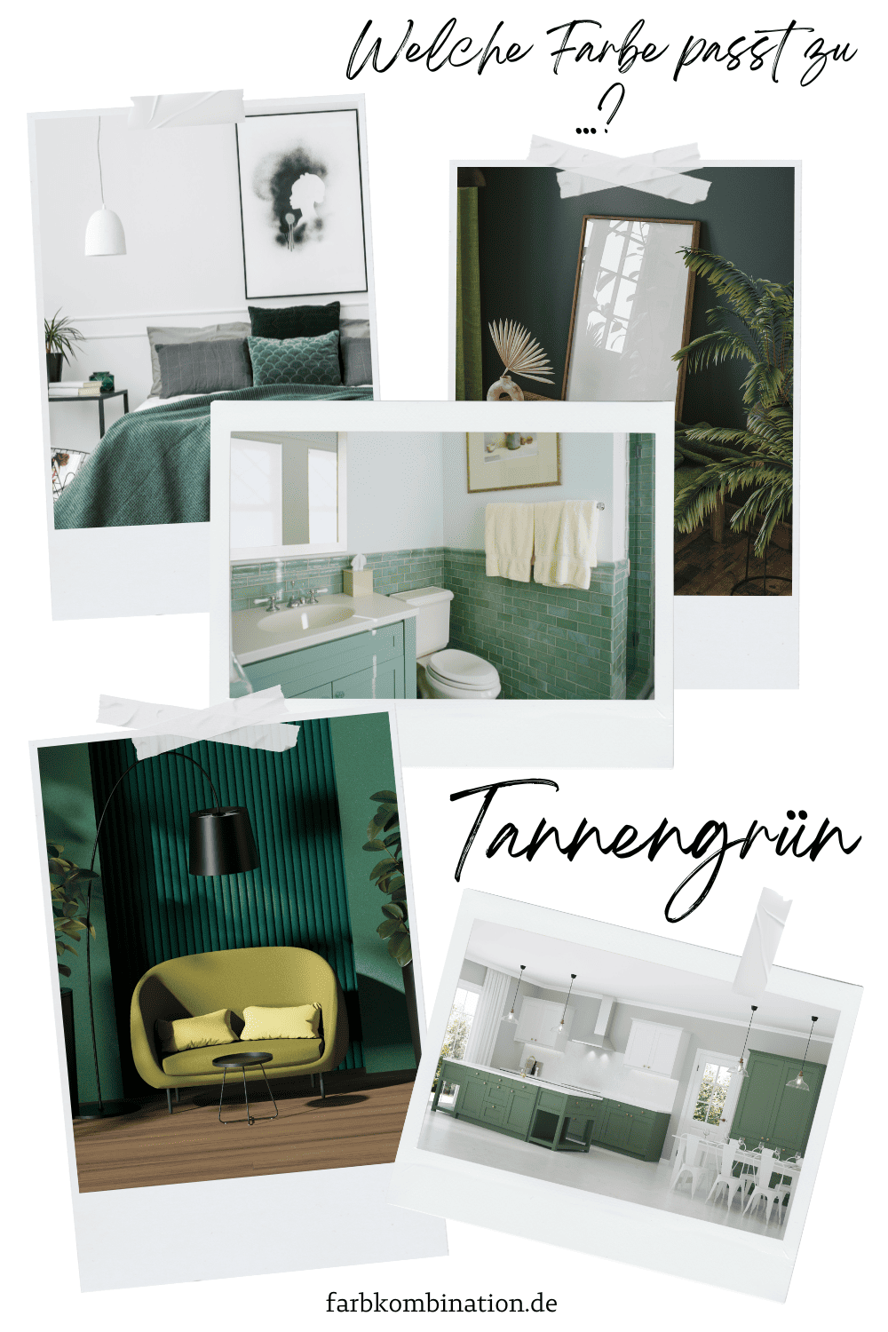 Welche Farbe passt zu Tannengrün? 3 Collage zum Thema "Welche Farbe passt zu Tannengrün". Sie zeigt verschiedene Ansätze, wie man die Farben in den Räumen einbringen kann. Dabei sind verschiedene Schattierungen als auch Farbintensitäten möglich. Prominentes Beispiel ist das Wohnzimmer und das Schlafzimmer, aber auch das Home-Office.
