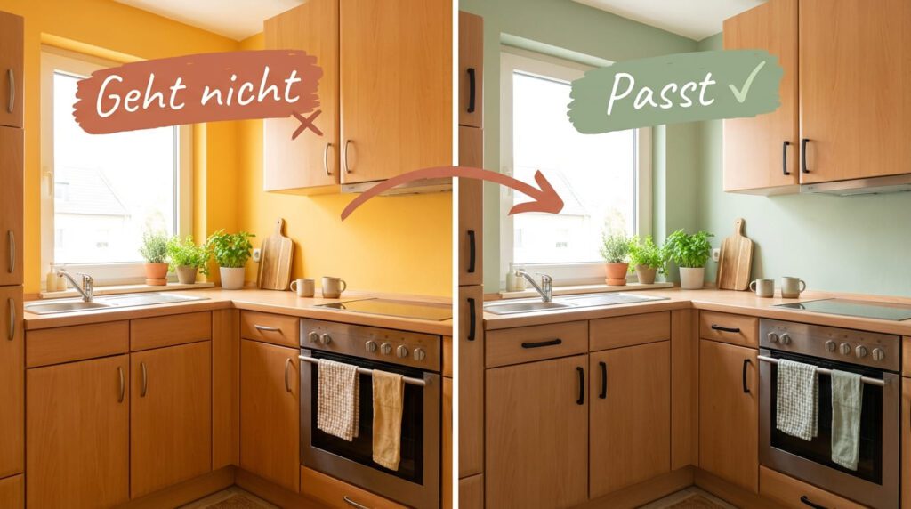 Welche Farbe passt zu Buche Küche 2 Buche Küche Vorher-Nachher-Vergleich — links gelbe Wandfarbe die mit dem Holz verschmilzt, rechts Salbeigrün mit mattschwarzen Griffen als moderne Alternative