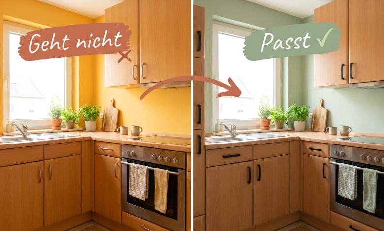 Welche Farbe passt zu Buche Küche 1 Buche Küche Vorher-Nachher-Vergleich — links gelbe Wandfarbe die mit dem Holz verschmilzt, rechts Salbeigrün mit mattschwarzen Griffen als moderne Alternative