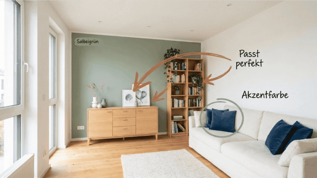 Wohnzimmer mit Buche-Möbeln nach der 60-30-10-Regel — salbeigrüne Akzentwand, Buche-Sideboard und Bücherregal, dunkelblaue Kissen als Akzentfarbe