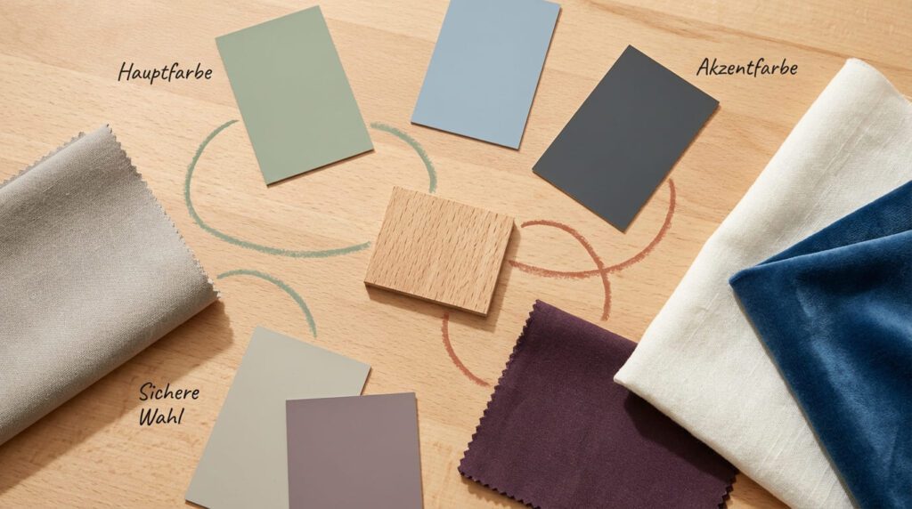 Farbmuster in Salbeigrün, Taubenblau, Anthrazit, Greige und Aubergine neben einem Buchenholz-Muster auf hellem Holzuntergrund — Farbpalette welche Farbe passt zu Buche