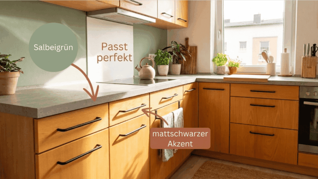 Welche Farbe passt zu Buche Küche 4 Buche Küche modern gestaltet mit salbeigrüner Wandfarbe, mattschwarzen Relinggriffen und Arbeitsplatte in Beton-Optik
