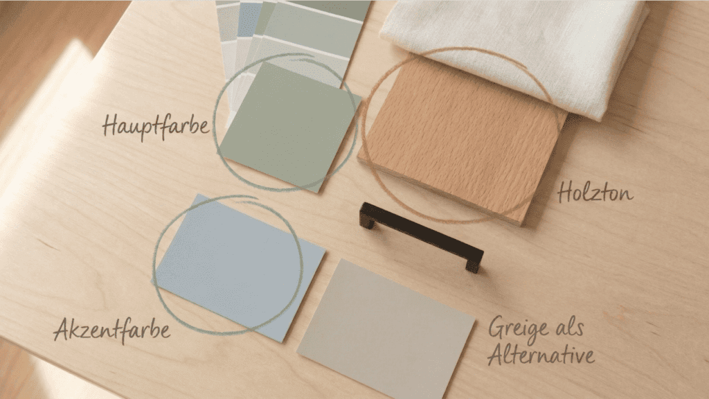 Welche Farbe passt zu Buche Küche 3 Farbauswahl zu Buche Küche — Farbmuster in Salbeigrün, Taubenblau und Greige neben Buchenholz-Probe und mattschwarzem Küchengriff