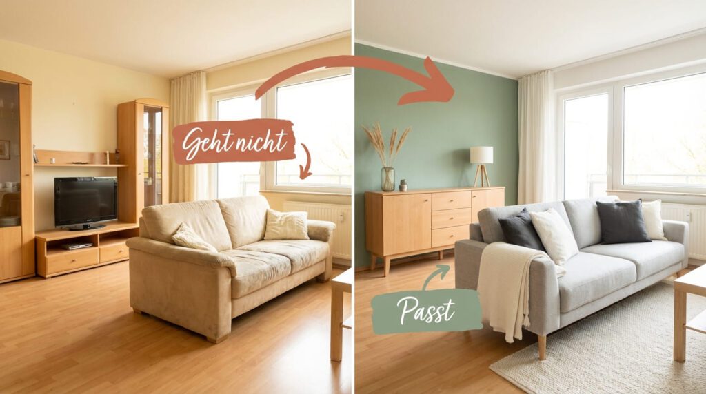 Vorher-Nachher-Vergleich Buche-Wohnzimmer — links Buche-Möbel mit magnolienweißer Wand (geht nicht), rechts Buche-Sideboard mit salbeigrüner Akzentwand und grauem Sofa (passt)