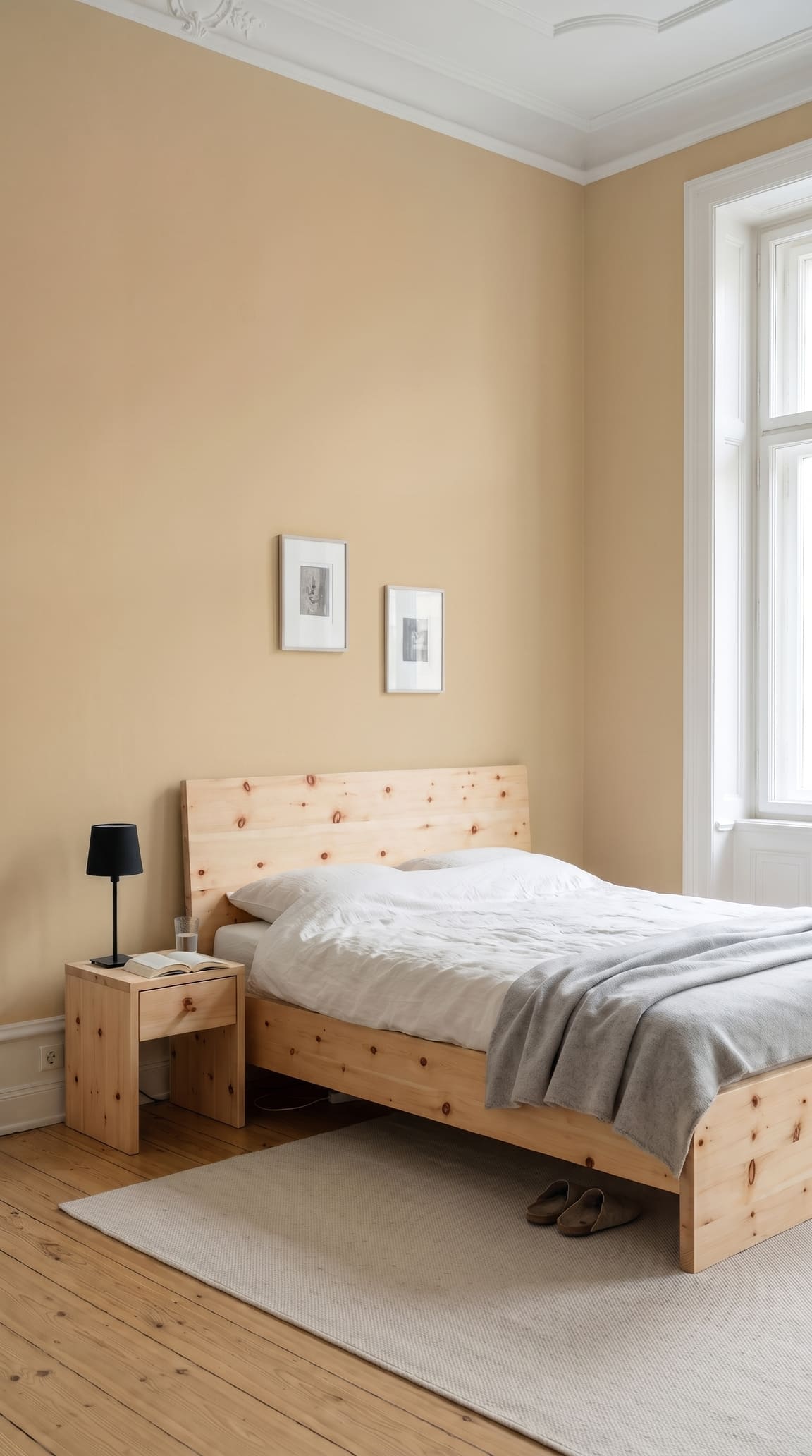 Dasselbe Zirbenbett vor beiger Wand, Wand und Holz gehen farblich ineinander über