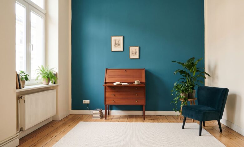 Mahagoni-Sekretär vor einer Wand in Petrol mit Sessel in Blaugrün und hellem Dielenboden