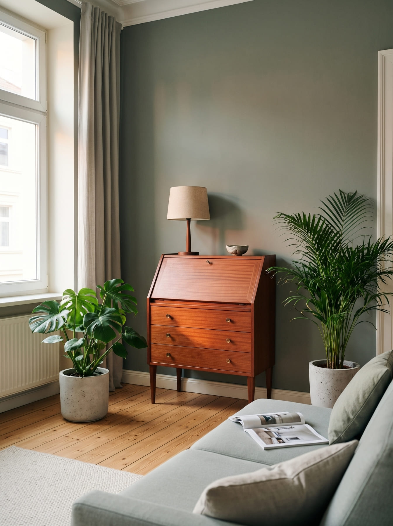 Mahagoni-Sekretär als Anrichte vor graugrüner Wand im Wohnzimmer mit großen Grünpflanzen