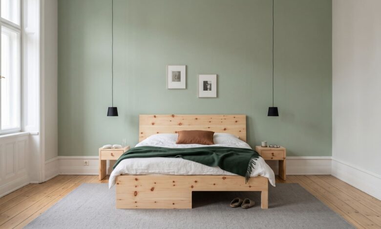 Zirbenbett mit zwei Nachttischen vor blassgrüner Wand, tannengrüne Decke und schwarze Pendelleuchten im Schlafzimmer