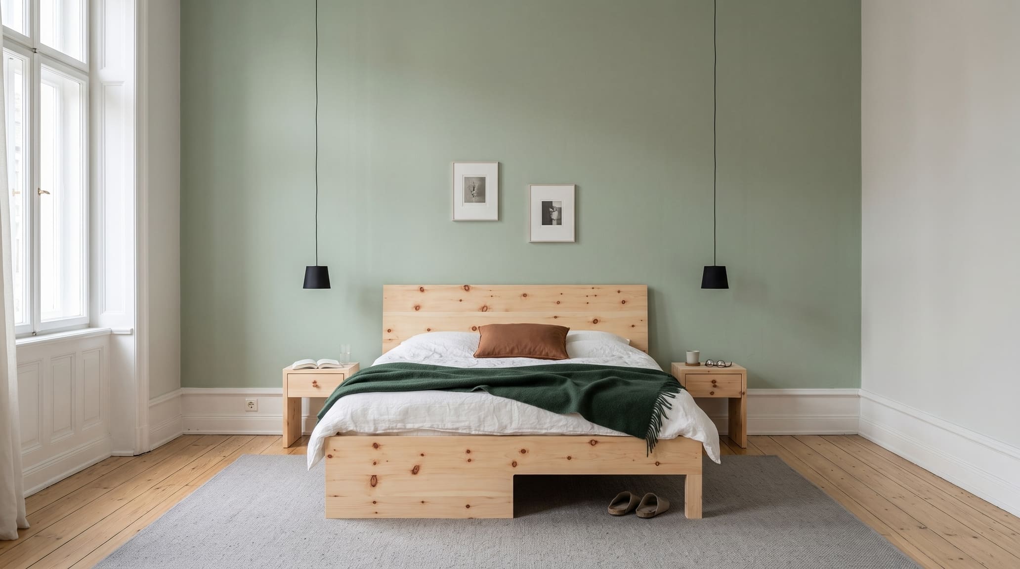 Zirbenbett mit zwei Nachttischen vor blassgrüner Wand, tannengrüne Decke und schwarze Pendelleuchten im Schlafzimmer