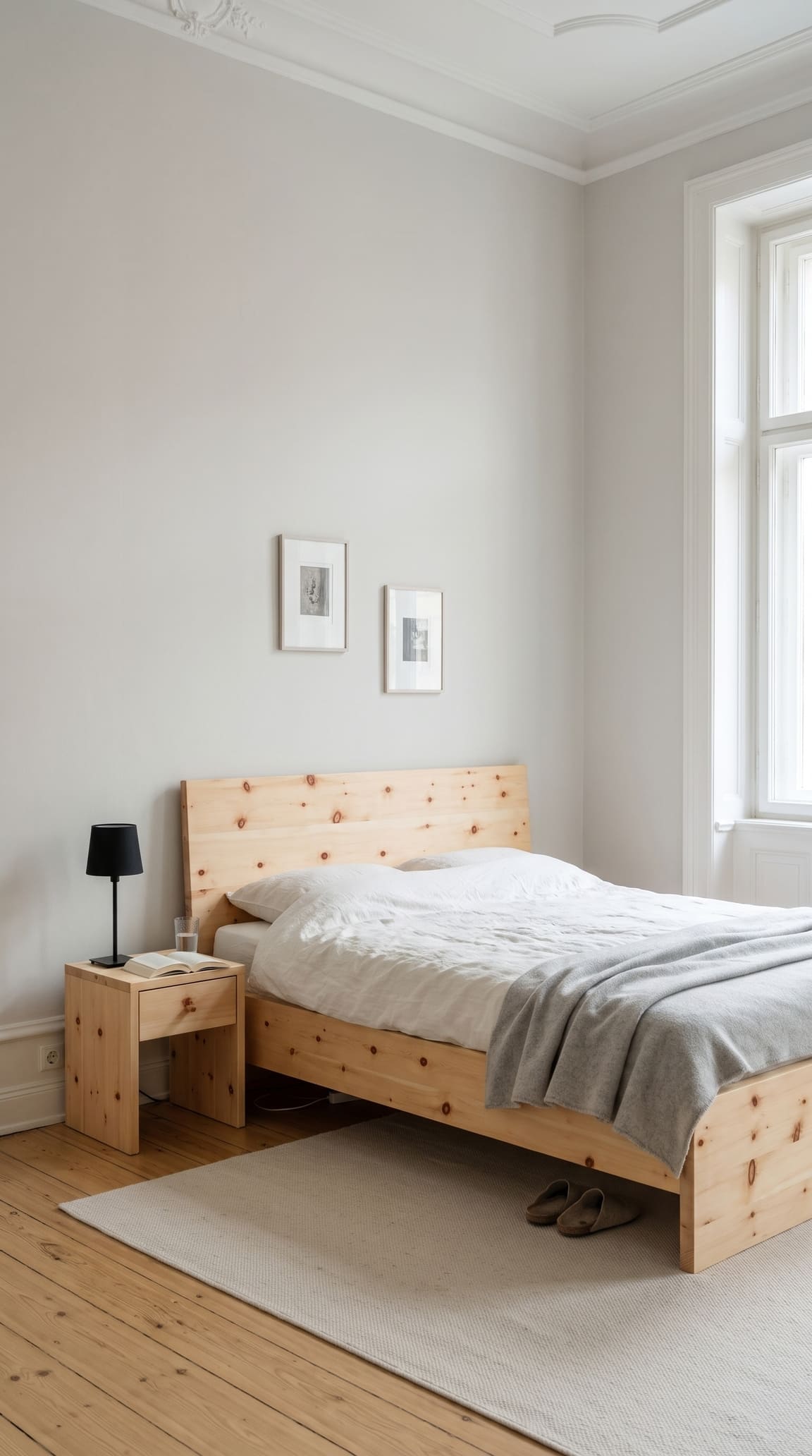 Zirbenbett mit Zirbennachttisch vor grauweißer Wand im Altbau-Schlafzimmer mit Nordlicht