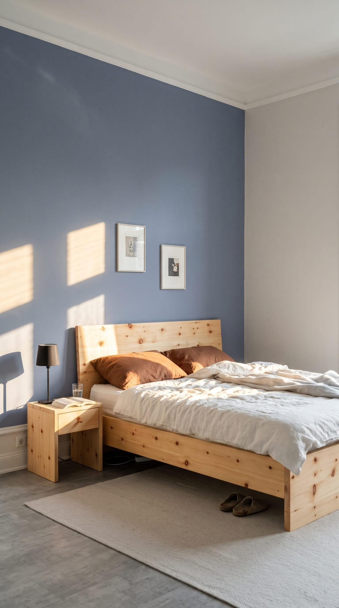 Zirbenbett schräg von der Seite vor taubenblauer Wand mit Nachmittagssonne aus einem Südfenster