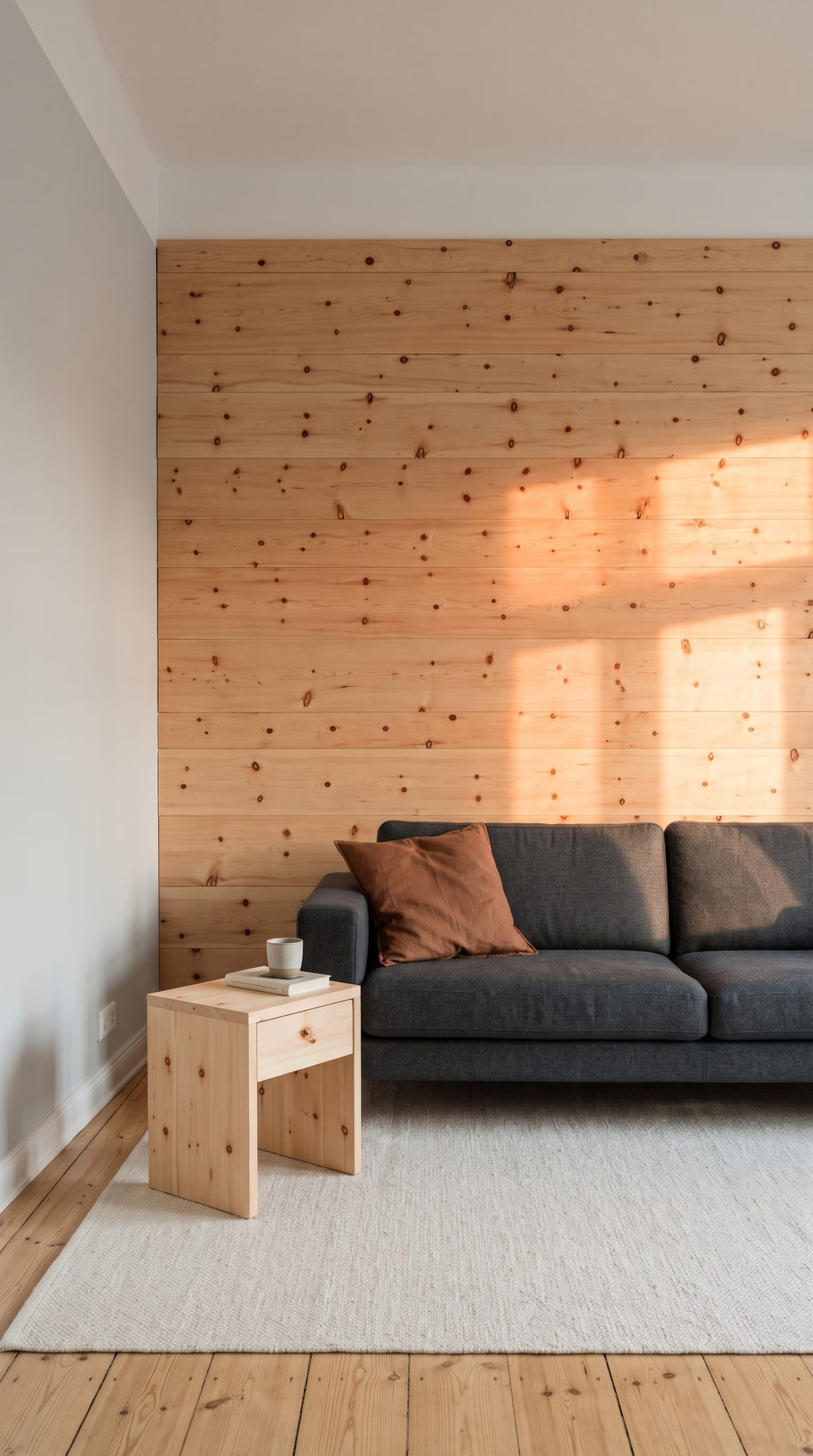 Wandverkleidung aus Zirbe hinter anthrazitfarbenem Sofa, Zirbennachttisch als Beistelltisch, lichtgraue Wand im Abendlicht